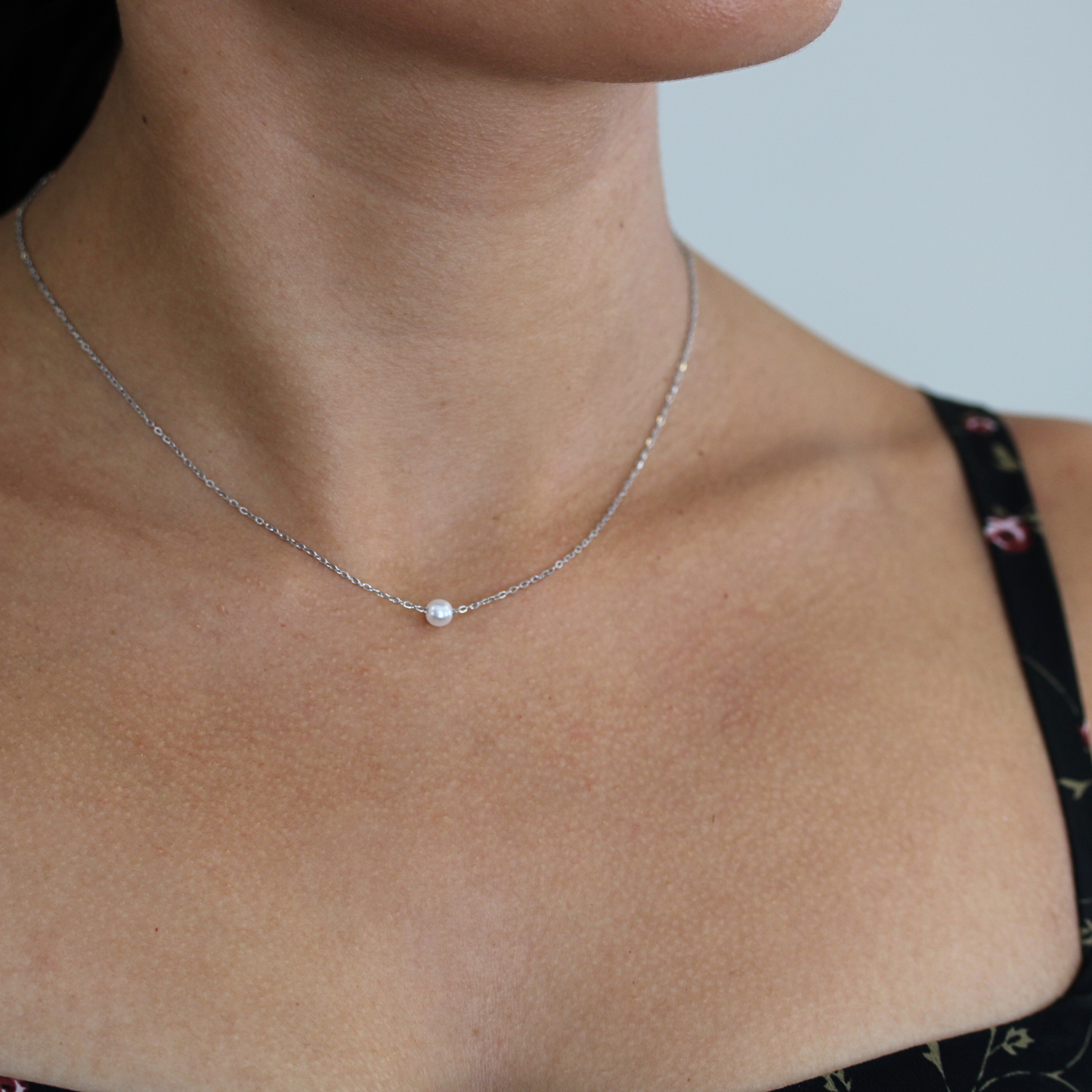 Petite Floating Pearl Necklace Silver