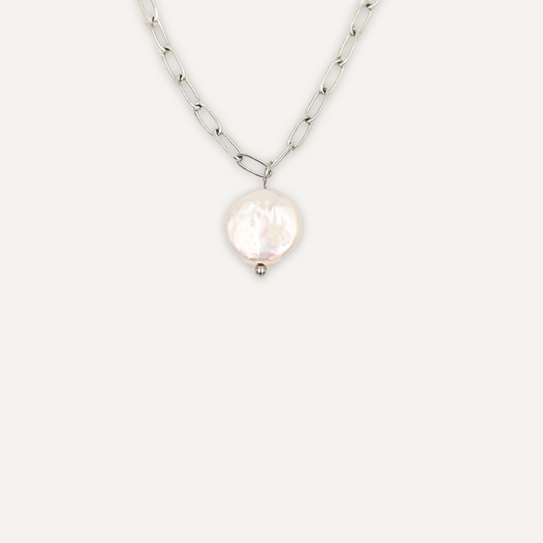 Freshwater Pearl Paperclip Necklace Silver