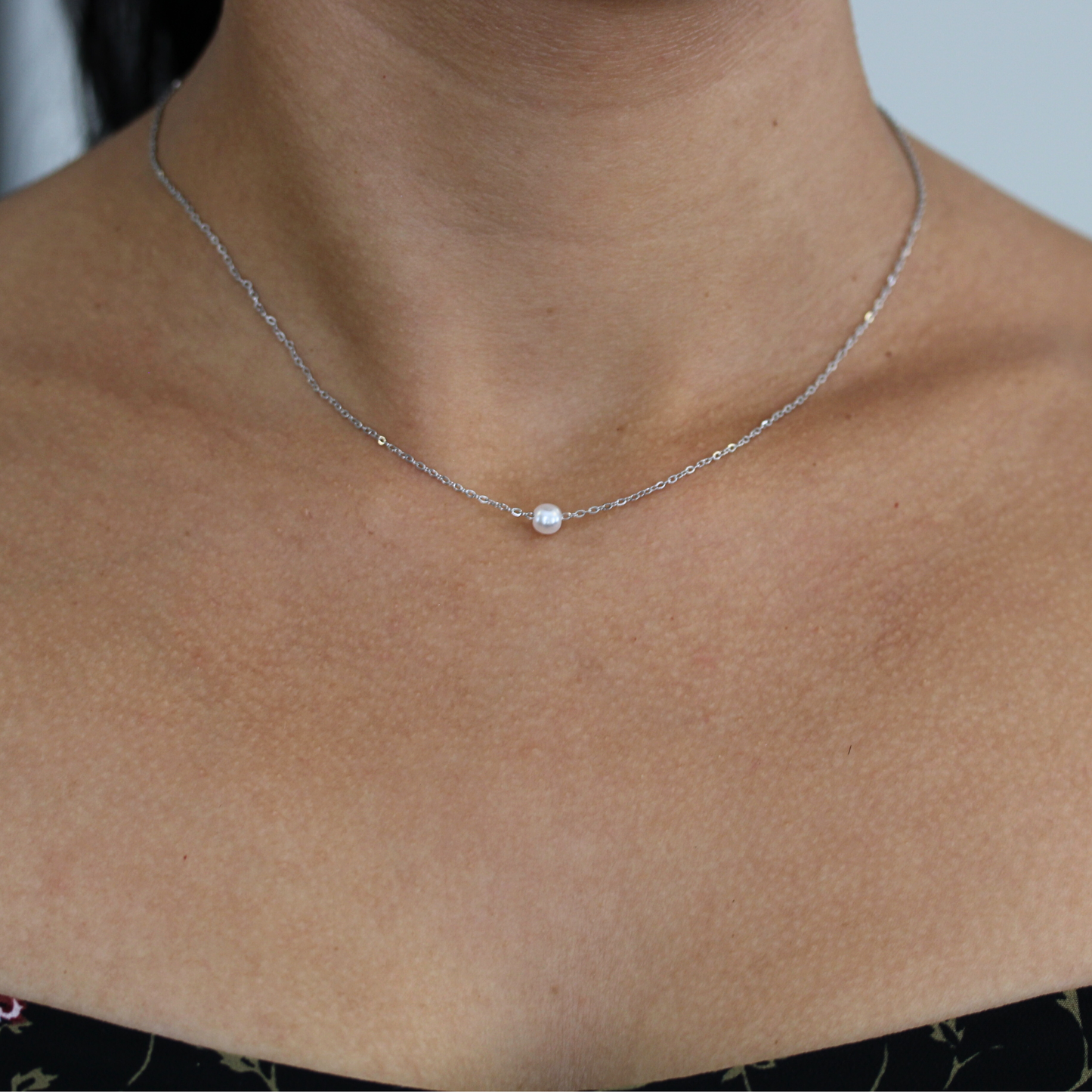 Petite Floating Pearl Necklace Silver