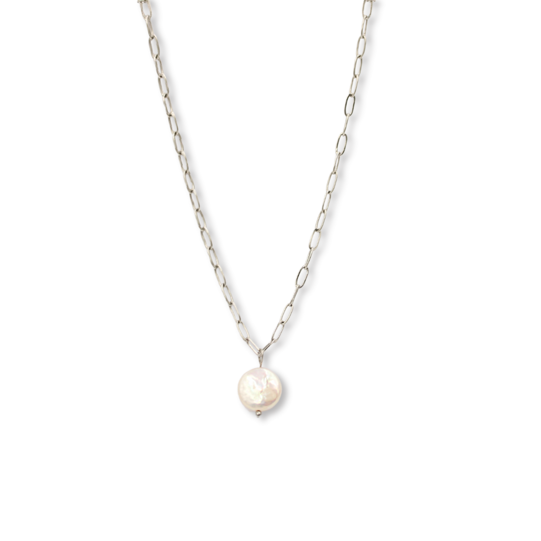 Freshwater Pearl Paperclip Necklace Waterproof Silver