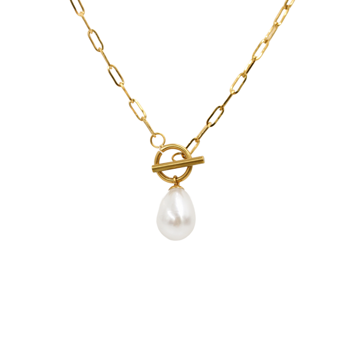 Stainless Steel / Gold Paperclip Necklace With Pearl